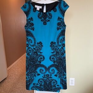 London Times Turquoise and Black Paisley Mini Dress